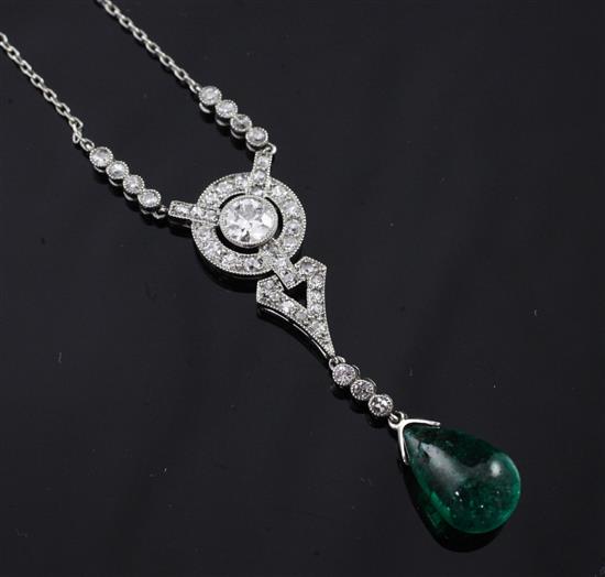 An Edwardian Belle Epoque platinum, emerald and diamond drop pendant necklace, overall 17.5in.